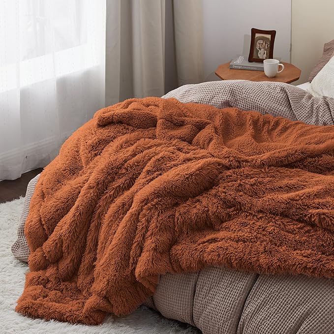 Bedsure GentleSoft Fluffy Burnt Orange Blankets Queen Size for Bed, Cozy Thick Sherpa Faux Fur Fleece Fuzzy Plush Winter Warm Soft Full Queen Blankets, Bedroom Decor Orange Gifts for Women Men, 90x90