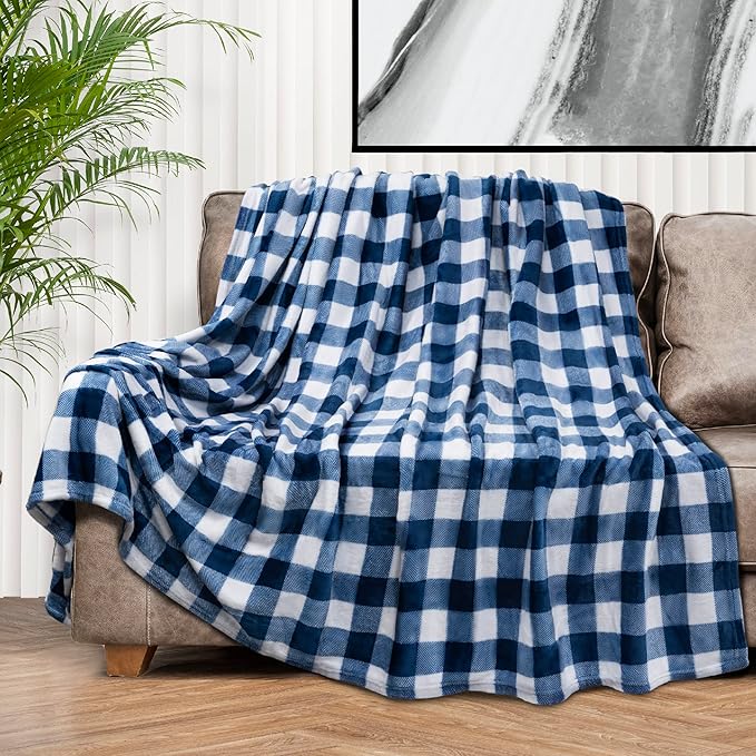 PAVILIA Buffalo Check Fleece Throw Blanket | Blue White Checkered Plaid Flannel Blanket | Soft Velvet Lightweight Microfiber Blanket for Bed Couch Sofa | 60x80 Inches Checker Navy