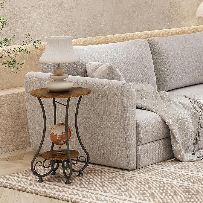 X-cosrack End Table, Round Side Table for Small Spaces, Coffee Tea Table Nightstand Home Decor for Living Room Balcony Bedroom Office,Rustic Brown & Black,15.75" L x 15.75" W x 24.0" H
