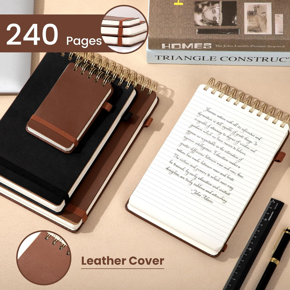 Yoment Top Spiral Notebook Leather Large Steno Pads 240 Pages Spiral Notepad for Work 7x10 Top Bound Steno Notebook, 100 GSM Thick Paper, Left Handed Notebooks for Office College School, Brown