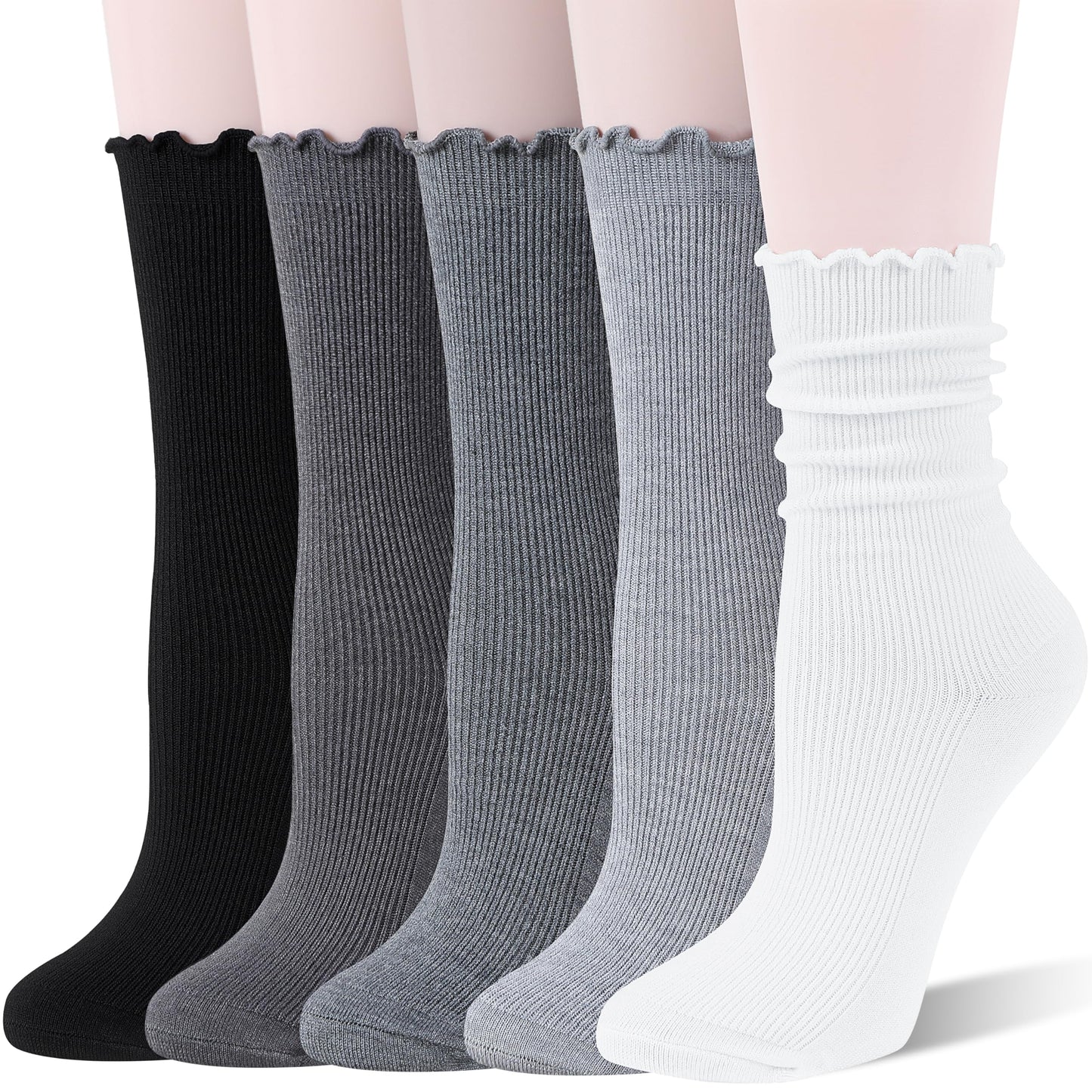 SAVALOS Thin Merino Wool Ruffle Boot Socks Warm Winter Cozy Frilly Soft Crew Work Gifts Socks for Womens 5 Pairs Stocking Stuffers(Striped-Grey,M)