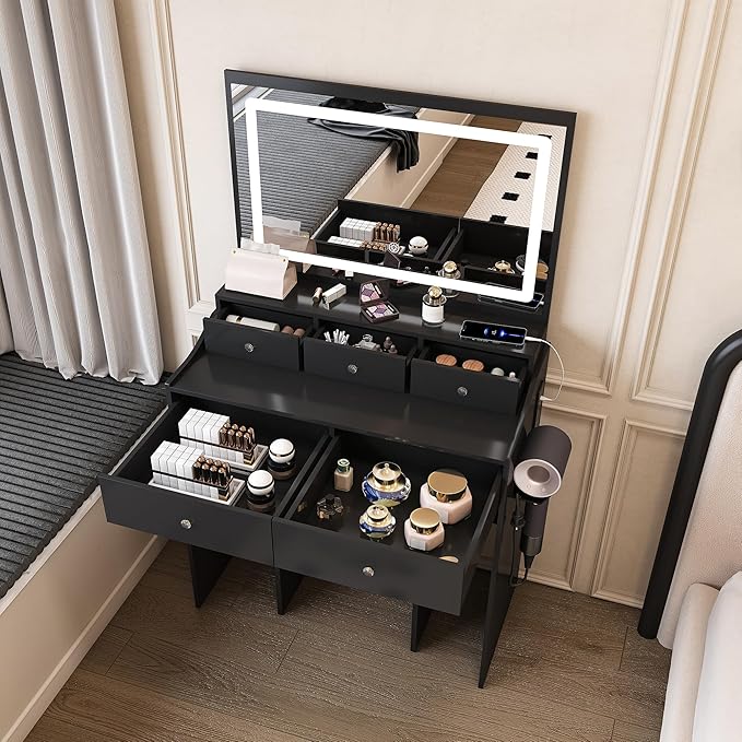 Vanity Desk with Large Mirror and Stool, Makeup Table with LED Lighted - 3 Color Models, Makeup Desk with 5 Drawers & Power Outlet, Dressing Makeup Table for Women Girls Bedroom, Black