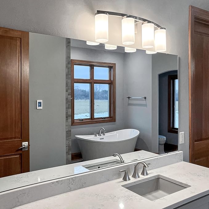 Design House Desta Vanity Light, 4-Light, Curved Bar Design, Frosted Glass Glow, Dimmable, Up/Down Mountable, E26 Socket, Satin Nickel, 30.0 in L x 6.6 in W x 9.5 in H, 589168-SN