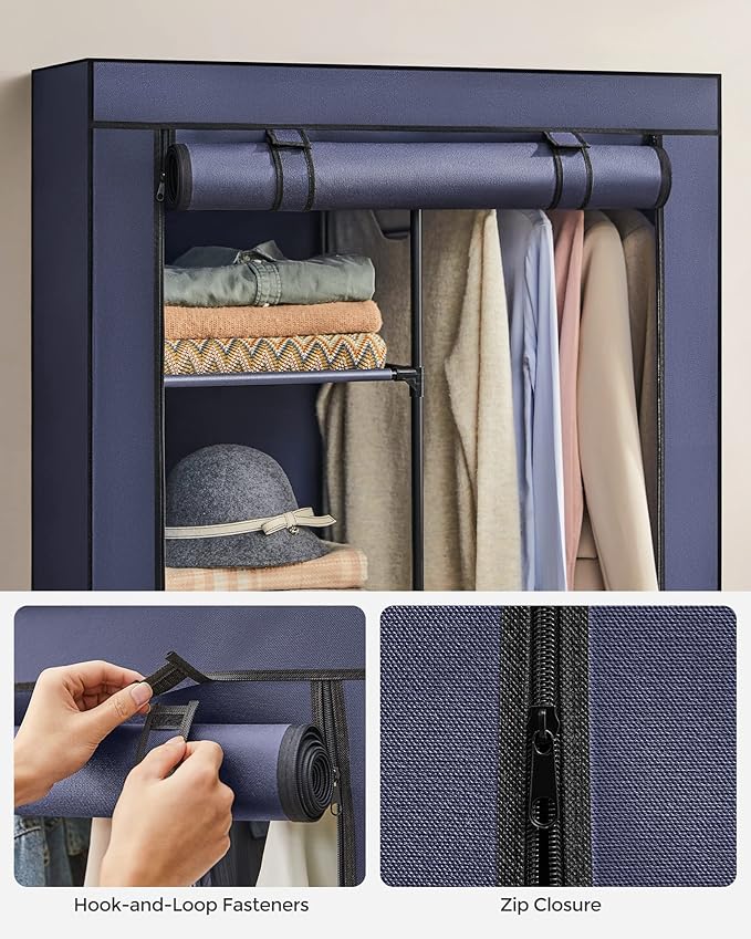 SONGMICS Portable Closet, 34.6 Inch Large Capacity Wardrobe Closet Organizer with Fabric Cover, Hanging Rods and Shelves, 34.6 x 17.7 x 66.1 Inches, for Bedroom, Living Room, Dark Blue URYG084I02