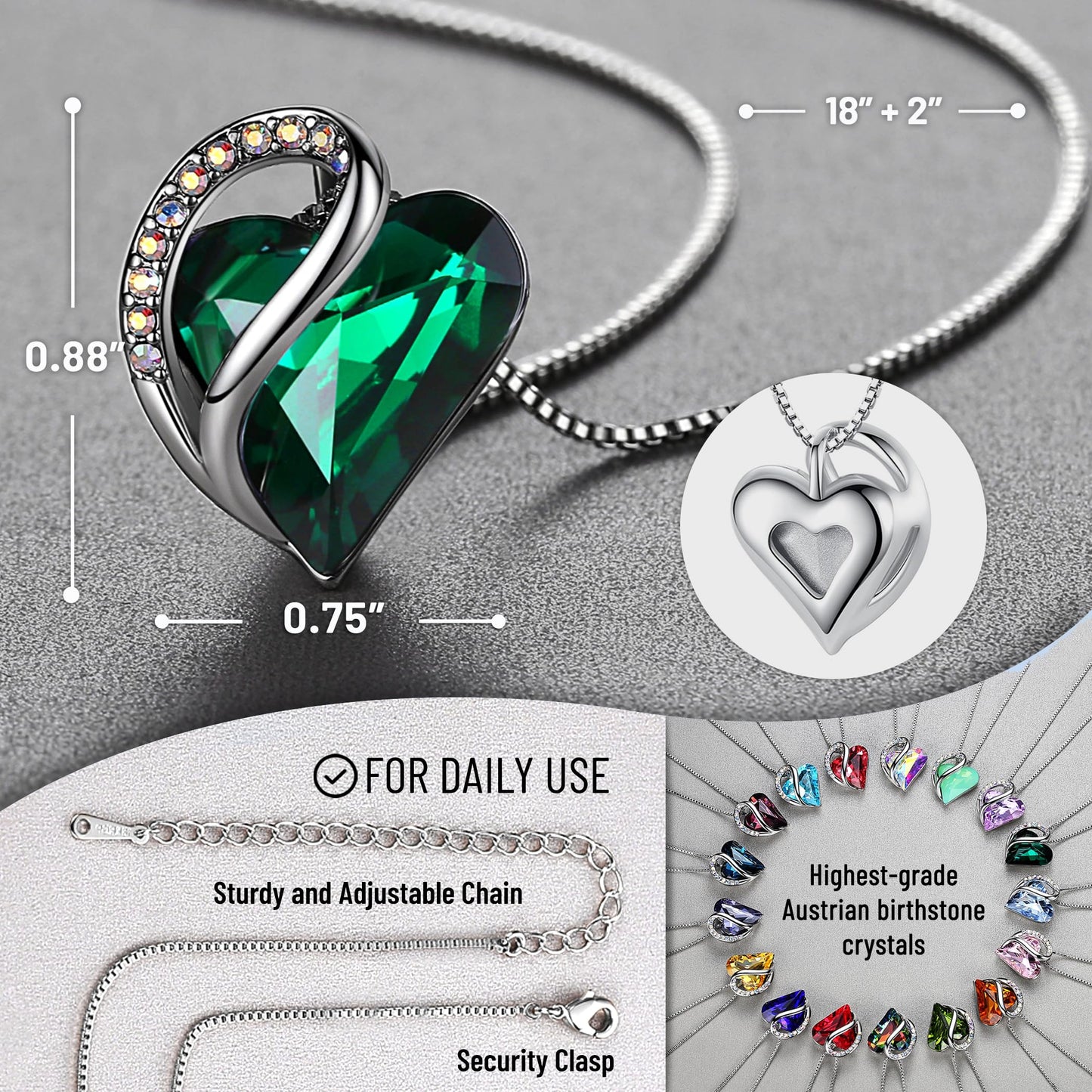 Leafael Necklaces for Women, Infinity Love Birthstone Heart Pendant with Emerald Green Crystal for May, Birthday Jewelry Gifts for Her, Mom, and Wife, Silver Plated, 18 plus 2 inch Adjustable Chain