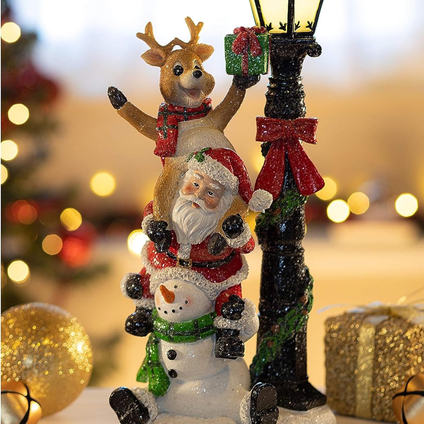 VP Home Christmas Figurines Light-Up Santa and Friends Trio - Resin Indoor Christmas Decorations with LED Holiday Lights - Festive Santa Claus Decor with Fiber Optics - 4 x 4 x 15 Inches