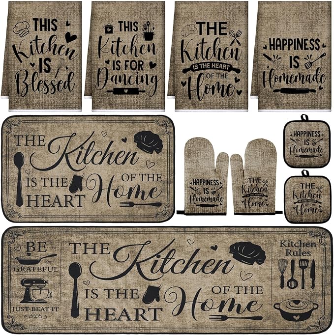 Fourluoo 10 Pcs Farmhouse Kitchen Decor and Accessories Set 4 Kitchen Towels 2 Pot Holders 2 Oven Mitts 2 Rugs for Cooking Baking Mom Housewarming Gifts(Vintage Color,Classic Style)