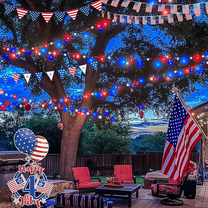 Hopolon Red White and Blue String Lights, 33 FT 100 LED Connectable 4th of July Patriotic Twinkle Lights with Remote,8 Modes Plug in Independence Day Light for Home Party Holiday Tree Xmas Decoration