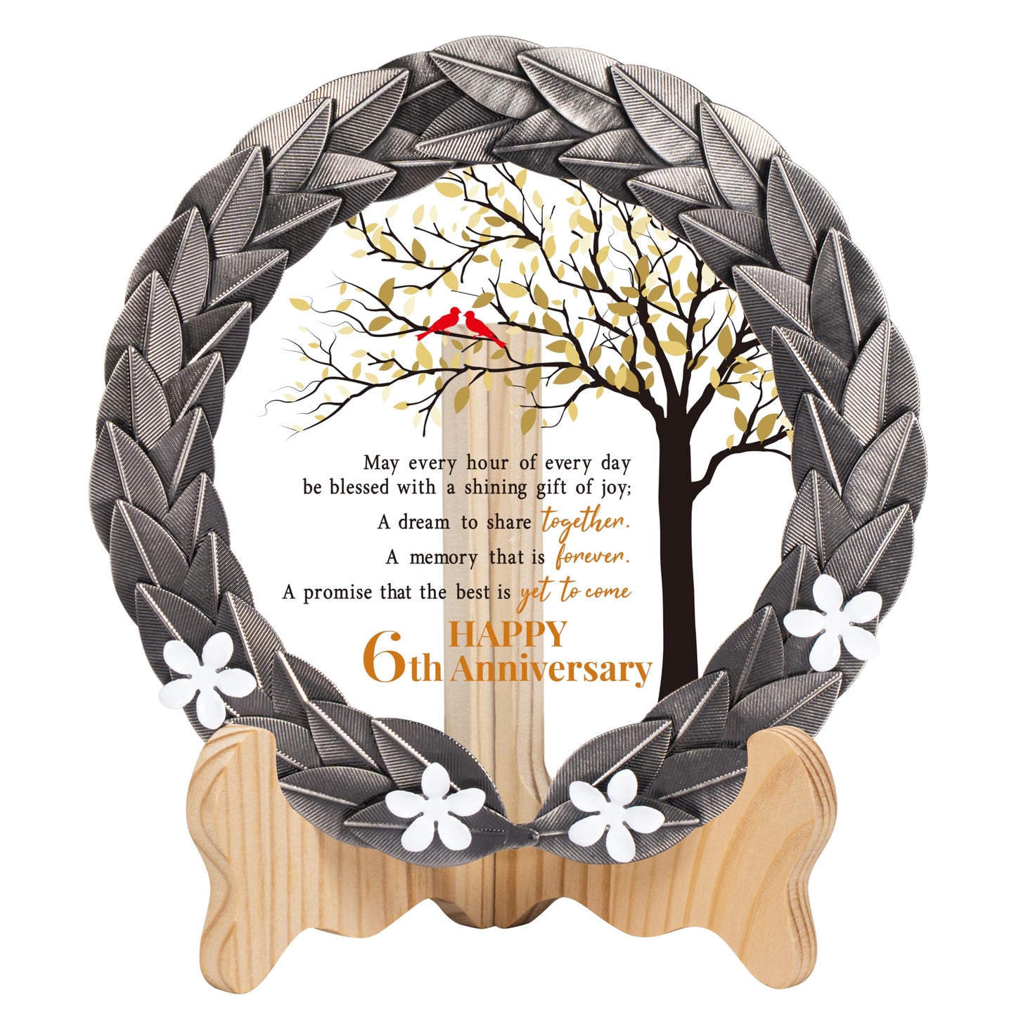 6th Anniversary Wedding Gifts Crystal Plate with Iron Leaf Wreath – 6 Years Iron Ideas for Couple or Parents – Cardinal Style