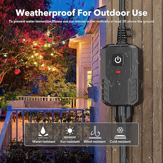 BN-LINK Outdoor Remote Control Outlet Plug Black,Indoor Wireless Outlet Switch Weatherproof Heavy Duty 15A 3-Prong 6-inch Cord 100Ft Range (Battery Included)