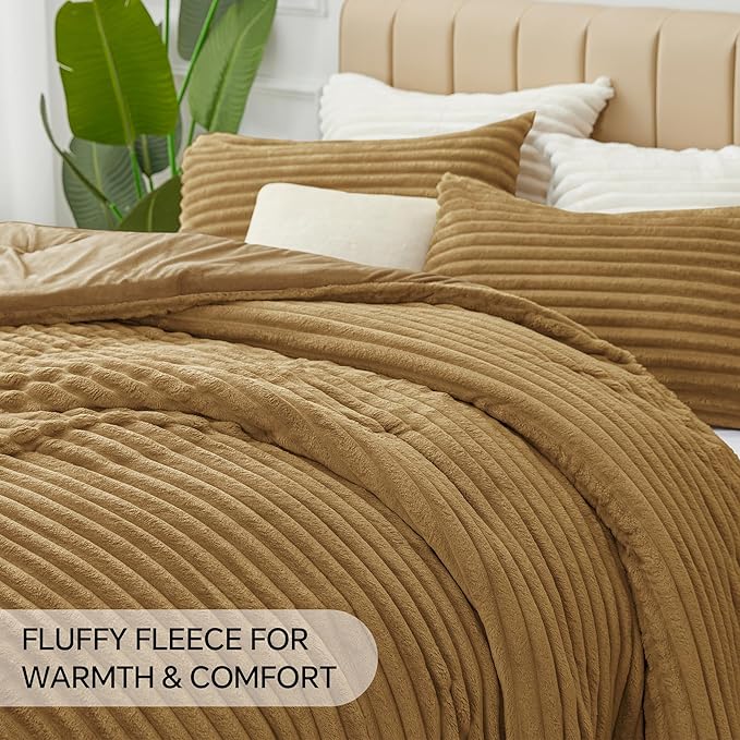 BEDELITE Fleece King Comforter Set -Super Soft & Warm Fluffy Brown Bedding, Luxury Fuzzy Heavy Bed Set for Winter with 2 Pillow Cases