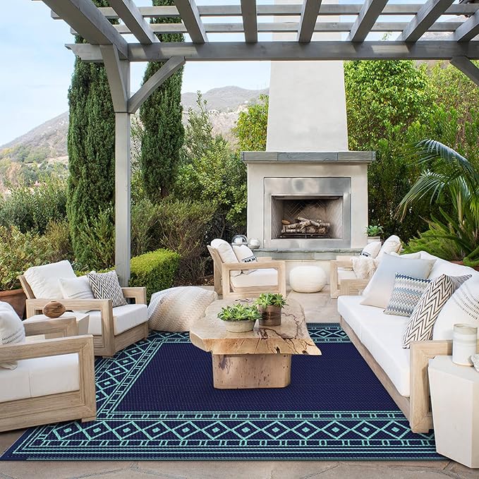 GENIMO Outdoor Rug Waterproof 6'x9' for Patio, Foldable Reversible Plastic Straw Carpet, Outside Area Mat for Patios, Rv, Deck, Picnic, Porch, Camper, Balcony, Beach, Navy Blue & Jade Green