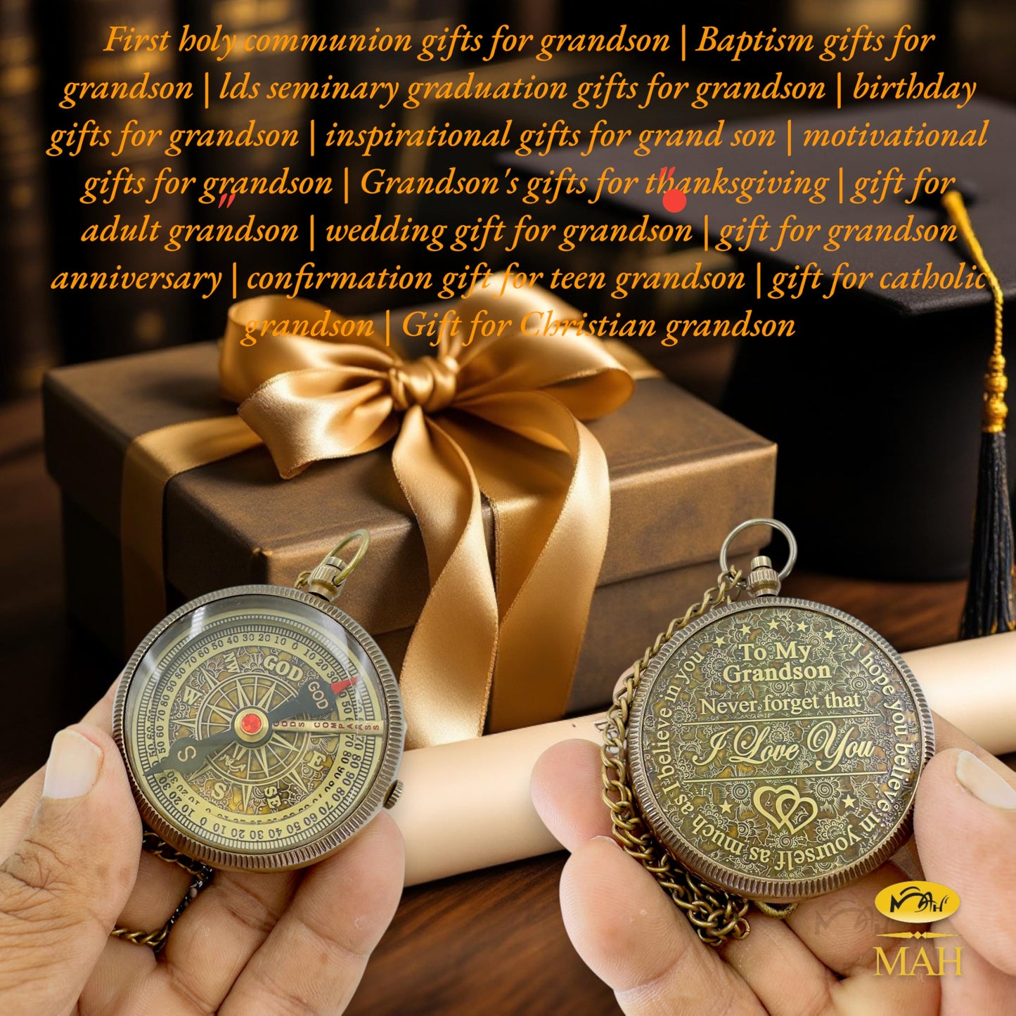 Gifts for Grandson Brass Handmade Compass Gift by Grandfather Gift Idea by Grandpa Grandma Memory Present to My Grandson Birthday Baptism Confirmation Love Christmas Tree Best Graduation Gifts
