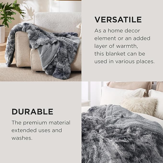 Bedsure GentleSoft Fluffy Sherpa Fleece Faux Fur Blankets Queen Size for Bed, Bedroom Decor Winter Bedding Thick Warm Full Queen Blankets, Fuzzy Plush Soft Heavy Mink Cozy Gifts, Tie Dye Grey, 90x90