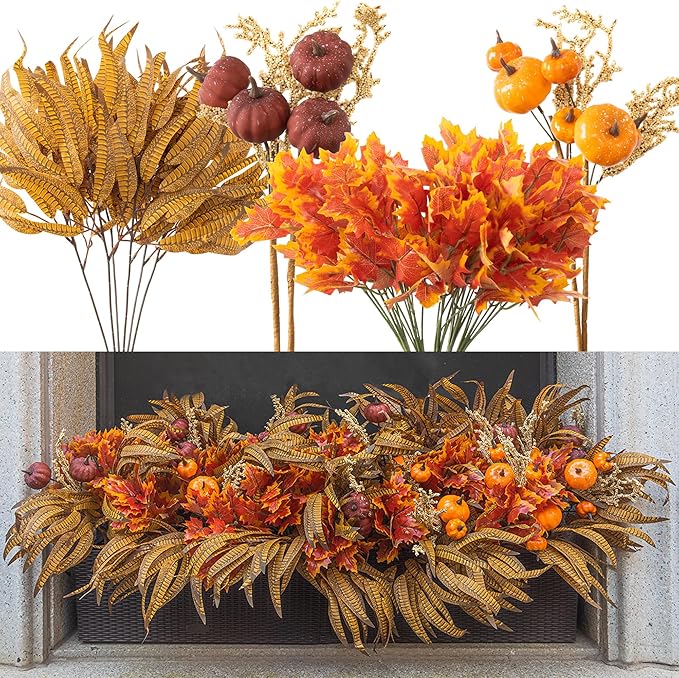 15pcs Outdoor Fall Artificial Branch with Pumpkin, Feather and Maple Leaves for Indoor Outside Hanging Plants Garden Porch Window Box Home Wedding Farmhouse Décor