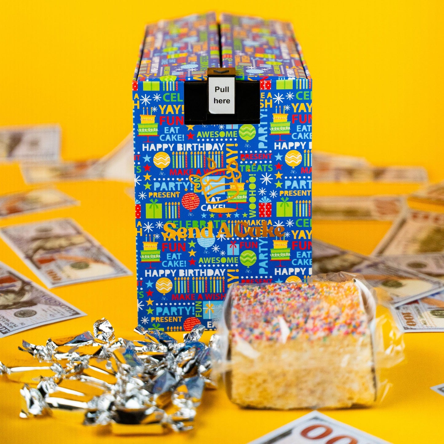 Birthday Billionaire Box by Send A Cake, Ready to Gift, No Assembly Required - with Music, Sweet Caramels & Delicious 3" Rainbow Sprinkle Dots Cake for Delivery - Gift for Women, Men, Sister, Mom, Dad, Best Friend, Adults, Kids