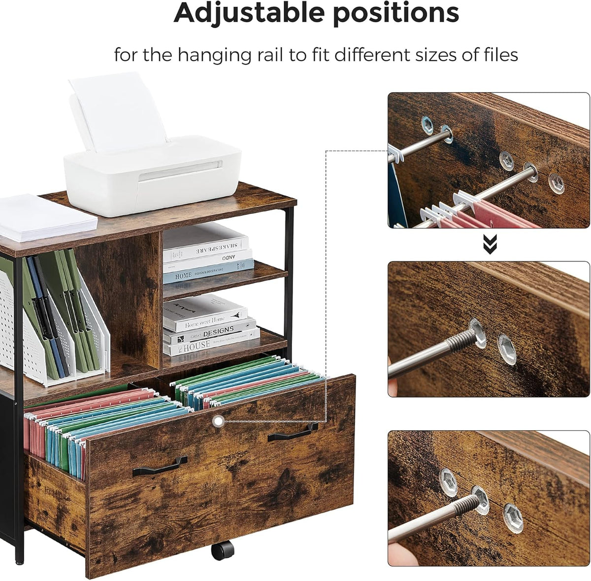 VASAGLE Lateral File Cabinet for Home Office, Filing Cabinet with Open Shelves and Drawer, for A4, Letter and Legal Sized Documents, Printer Stand, Rustic Brown and Ink Black UOFC043B01