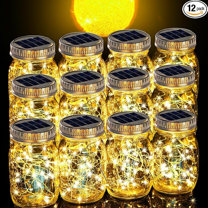 Cooo 12 Pack Solar Lanterns Outdoor Waterproof Upgraded Crystal Glass Solar Mason Jar Lights 30 LED 215% Larger SolarPanel, Anti-Rust Lid（Just a Little More,Get Double The Delight-Warm White）