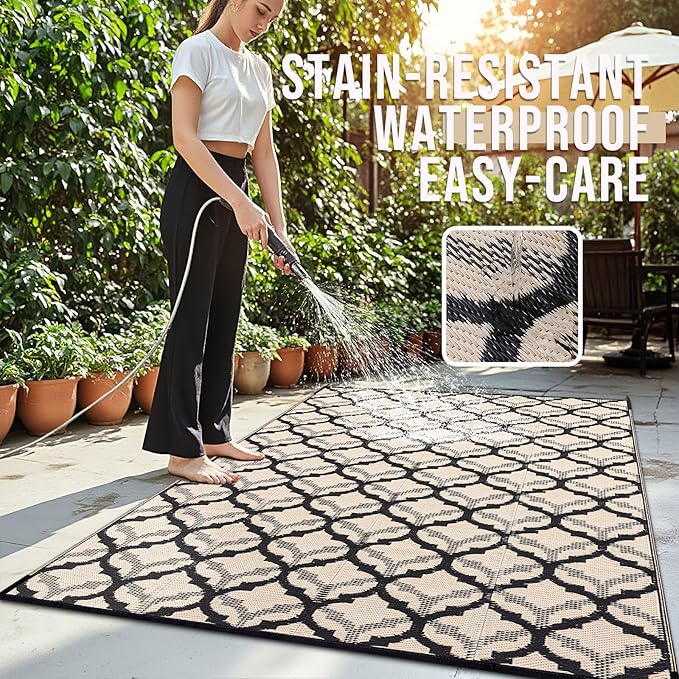 OLANLY Reversible Outdoor Rug 6x9 ft Clearance, Waterproof Outdoor Plastic Straw Rug with Interlacing Pattern, RV Mat for Patio, Camping, Balcony, Deck, Backyard, Black & Beige