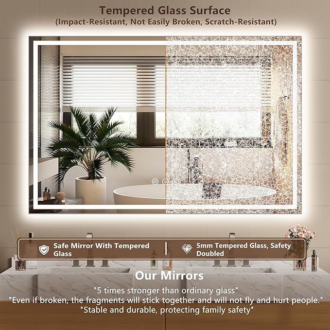 55x36 Inch LED Lighted Bathroom Mirror - Anti-Fog Vanity Mirror with Dimmable Front & Backlit, 3 Color Temp, Smart Memory - Shatterproof HD Glass, IP54 Waterproof Wall Mounted for Makeup Shaving
