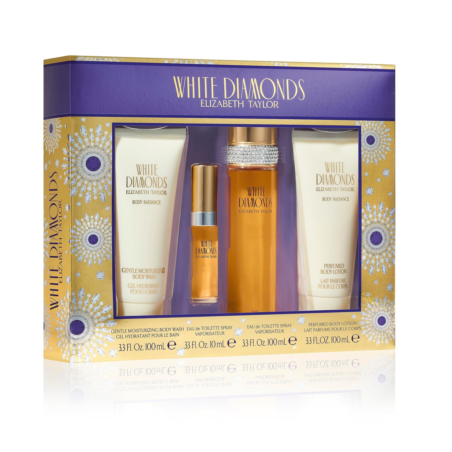 Elizabeth Taylor White Diamonds 4-Piece Set for Women (3.3 Oz Eau De Toilette Spray, 0.33 Oz Eau De Toilette, Body Lotion, Body Wash)