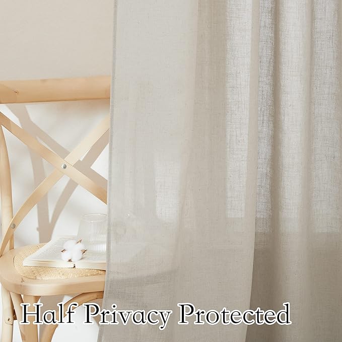 RYB HOME Linen Textured Sheer Curtains 84 inches Long, Privacy Semi-Transparent Sheer Window Curtains for Living Room Bathroom French Door, Angora, W 70 x L 84 inch, 1 Pair