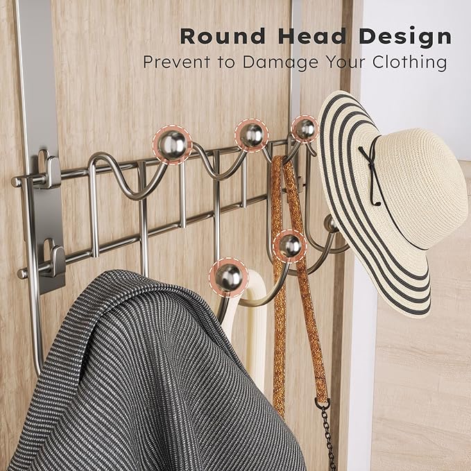 Consumest Over The Door Hooks Organizer - Extra Long Door Hanger with 9 Coat Hooks & 2 Mesh Basket, Back Storage Organizer Hanging Towels for Bathroom, Bedroom, Sand Nickel (for 1.76 in Doors)