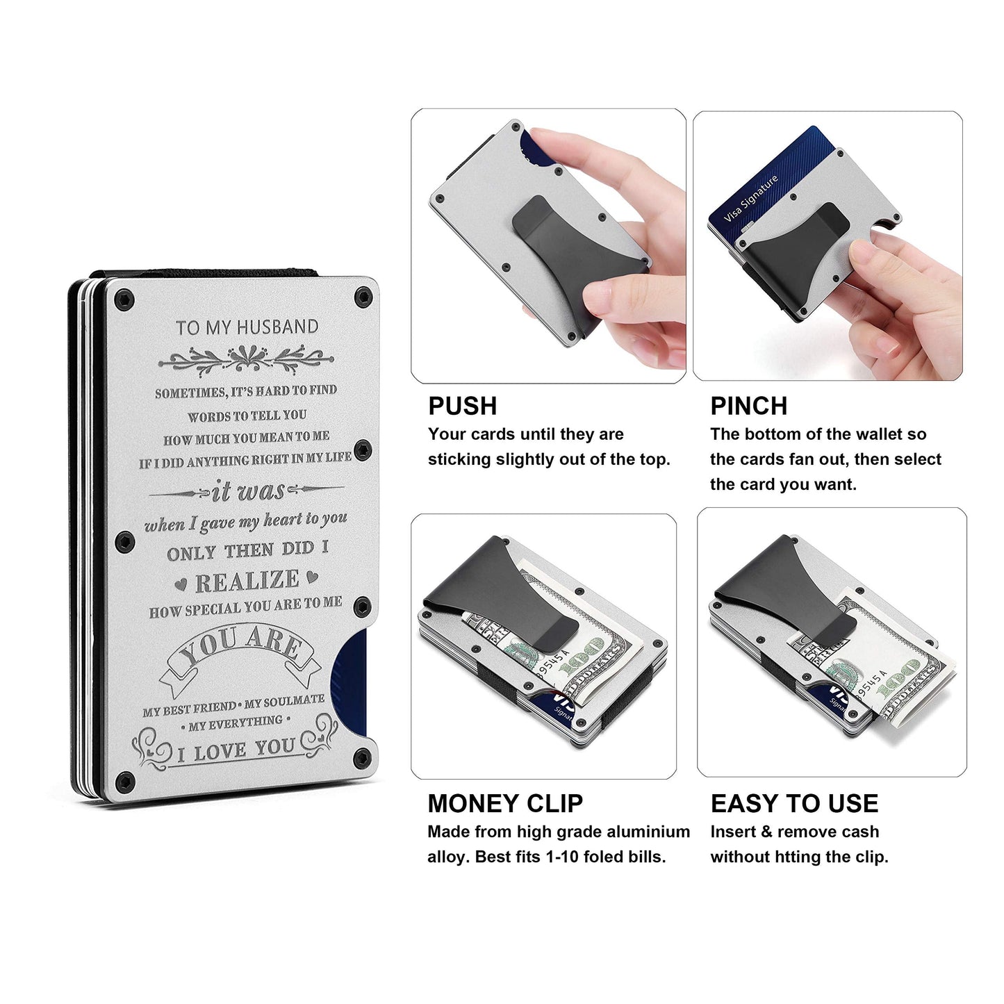 To My Husband Gift,Personalized Engraved Metal Wallet from Wife,Men Minimalist Love Message Custom Slim Aluminum Card Holder with Money Clip, For husband from wife, Minimalist
