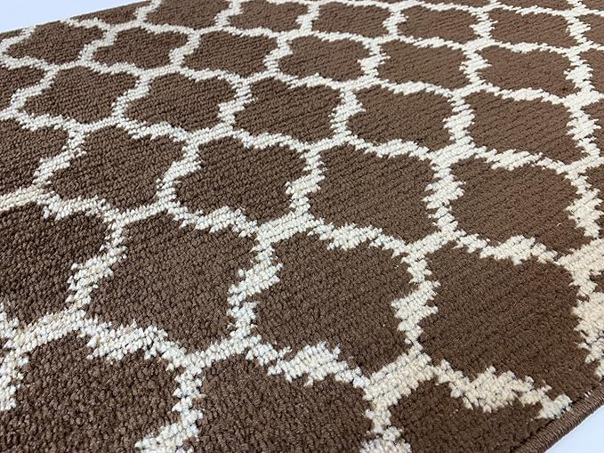 Custom Size Cut to Length Moroccan Trellis Design Runner Rug Mat For Wide Long Hallways with Non-Slip Rubber Backing, Better Traction for Pets, Prevent Slippage, Trellis Brown, 31 inch X 8 feet