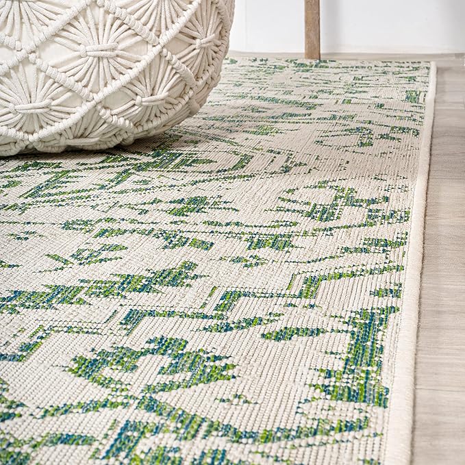 JONATHAN Y SMB105G-210 Estrella Bohemian Medallion Textured Weave Indoor Outdoor Runner Rug, Coastal,Traditional,Transitional Easy Clean,Bedroom,Kitchen,Backyard,Patio, Non-Shed, Green/Cream, 2 X 10