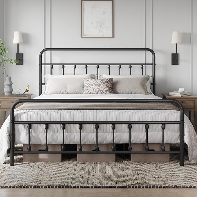 Yaheetech Classic Metal Platform Bed Frame Mattress Foundation with Victorian Style Iron-Art Headboard/Footboard/Under Bed Storage/No Box Spring Needed/King Size Black