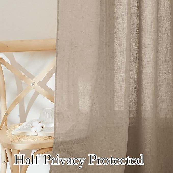 RYB HOME Natural Linen Blend Sheer Curtains for Kitchen, Semi Sheer Light Filtering Privacy Protected Rod Pocket Curtain Panels for Small Window, 52 x 45 inch, Khaki, 2 Panels Set