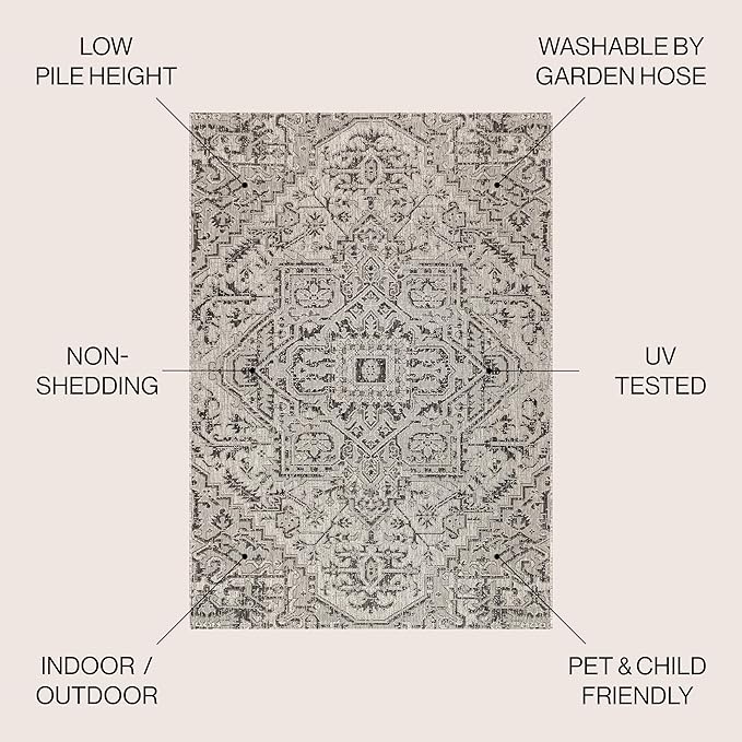 JONATHAN Y SMB105D-8SQ Estrella Bohemian Medallion Textured Weave Black/Gray 8' Square Indoor/Outdoor Area Rug, Pet Friendly, Non-Shedding, Stain Resistant, Easy-Cleaning for Backyard, Patio, Porch