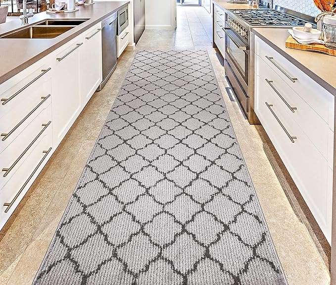 Custom Size Modern Runner Rug Carpet for Hallway Entryway Foyer Kitchen, Slip Resistant Latex Rubber Backed 31 inch Wide X Customized Length, Trellis Grey, 31 inch X 28 feet