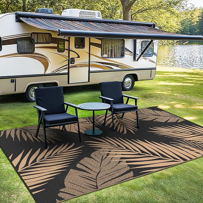 Outdoor Rug 4' x 6' for Patio Waterproof Clearance, Reversible Indoor Outdoor Plastic Straw Camping Rug Carpet, RV Mat, Large Area Rug for Deck, Backyard, Balcony, Porch, Beach, Black and Brown