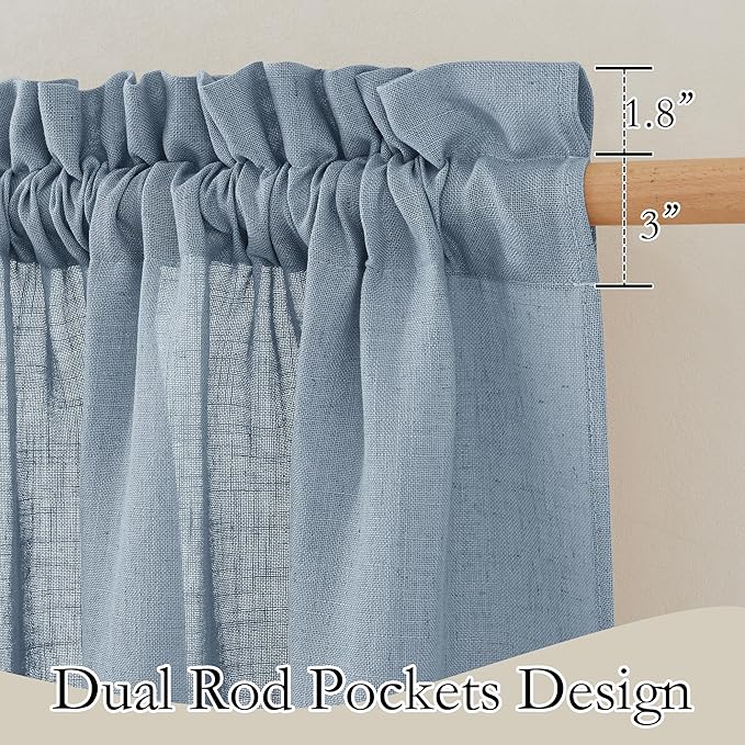 RYB HOME Flax Linen Blend Curtains for Closet Kitchen, Semi Translucent Privacy Protection Light Filtering Decorative Short Small Window Drapes for Bedroom, W 52 x L 36 inches, Dusty Blue, 2 Panels