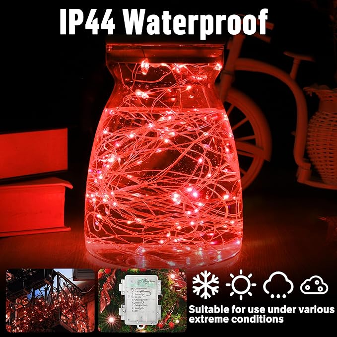 LAMPHOME 100 LED 33FT Red Valentine Lights, Valentine's Day Fairy Lights Battery Operated, Twinkle String Light Multi Functions & Timer with Remote for Christmas Bedroom Wedding DIY Centerpiece Decor