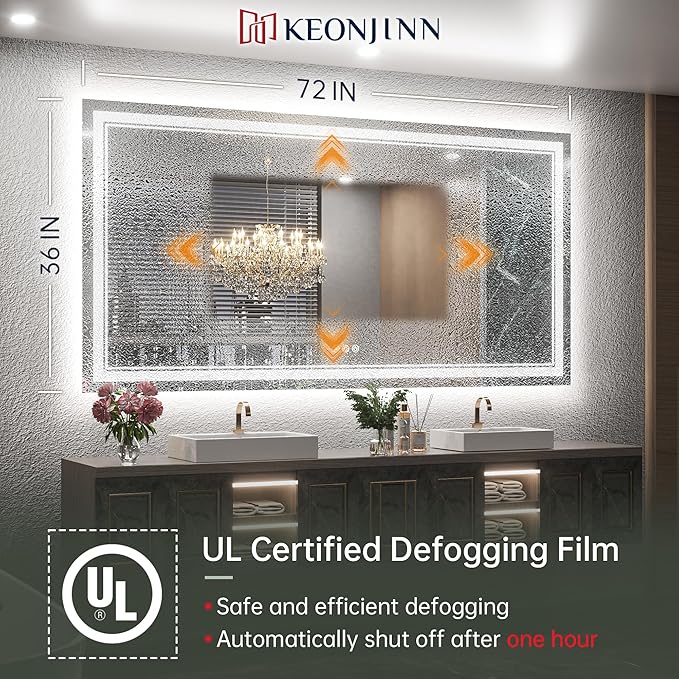 Keonjinn LED Bathroom Mirror 72" x 36" with Backlit and Frontlit, Tempered Glass Stepless 3 Colors Temperature & Dimmable Large Vanity Mirror, UL Listed LED Driver, Double Lights Anti-Fog Wall Mirror