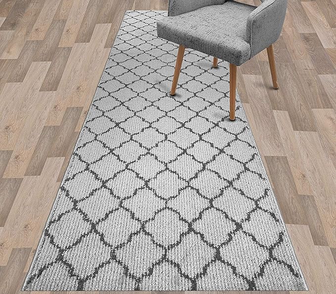 Custom Size Modern Runner Rug Carpet for Hallway Entryway Foyer Kitchen, Slip Resistant Latex Rubber Backed 31 inch Wide X Customized Length, Trellis Grey, 31 inch X 25 feet