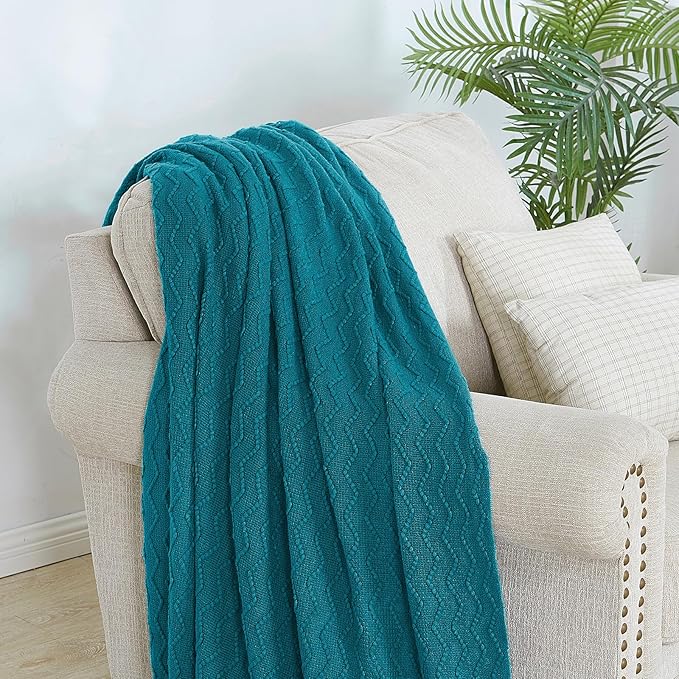 BOURINA Teal Throw Blanket 50 x90 Inches Throw Textured Solid Soft Sofa Throw Bed Runner Couch Cover Knitted Decorative Blanket Bed Runner