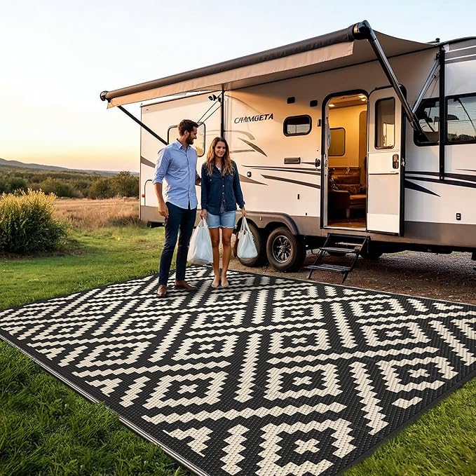 Outdoor Rug for Patio - Waterproof Plastic Straw Camping Rugs 6x9 ft, Reversible Outdoor Indoor RV Mat Carpet for Patio, Porch, Deck, Balcony, Picnic, Beach, Black Beige