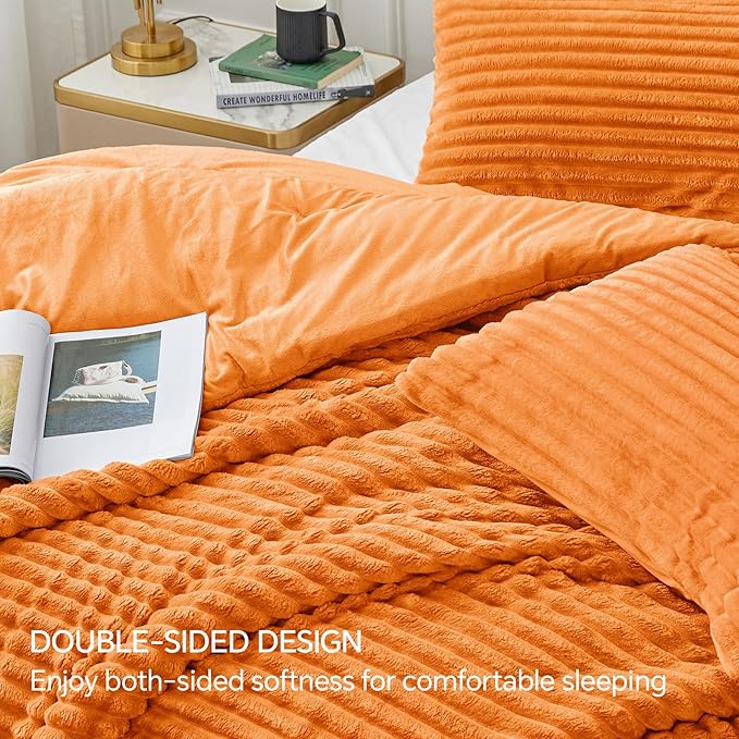 BEDELITE Fleece King Comforter Set -Super Soft & Warm Fluffy Burnt Orange Bedding, Luxury Fuzzy Heavy Bed Set for Winter with 2 Pillow Cases