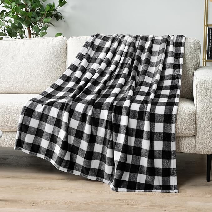 PAVILIA Black and White Buffalo Plaid Fleece Bed Blanket King Size, Soft Checkered Flannel Blanket for Sofa, Plaid Christmas Couch Throw Bed, Warm Cozy Decorative Blanket Fall Decor Gift, 90x90