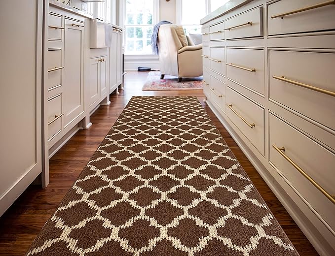 Custom Size Cut to Length Moroccan Trellis Design Runner Rug Mat For Wide Long Hallways with Non-Slip Rubber Backing, Better Traction for Pets, Prevent Slippage, Trellis Brown, 31 inch X 19 feet