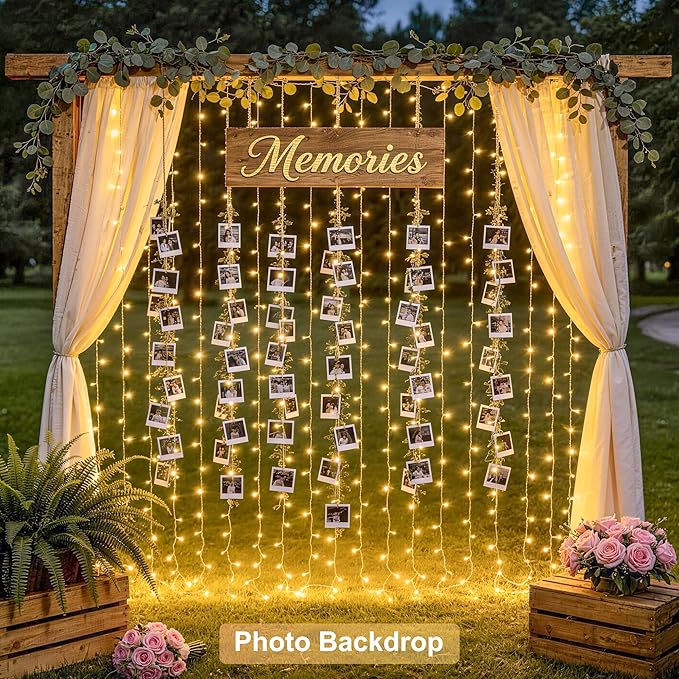 JMEXSUSS 900 LED Outdoor Curtain Lights, 9.5x29.5ft Christmas Lights Plug in with Remote, Twinkle Hanging String Light for Bedroom Wall Wedding Backdrop Window Gazebo Decor, Warm White