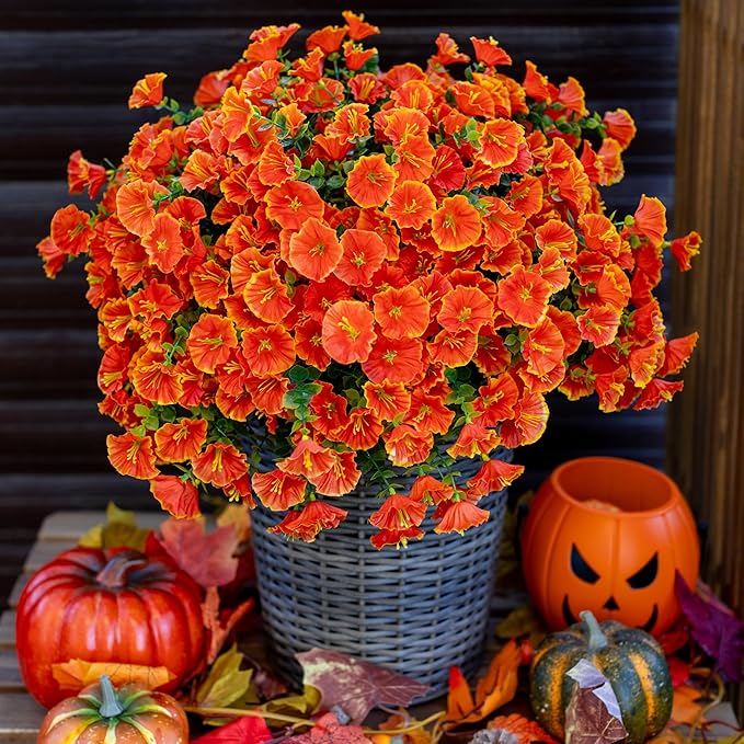 Artificial Fall Flowers Outdoor Fake Mums - 16 Bundles Fake Plants UV Resistant No Fade Faux Plastic Greenery Garden Morning Glory Home Decor (1, Orange)