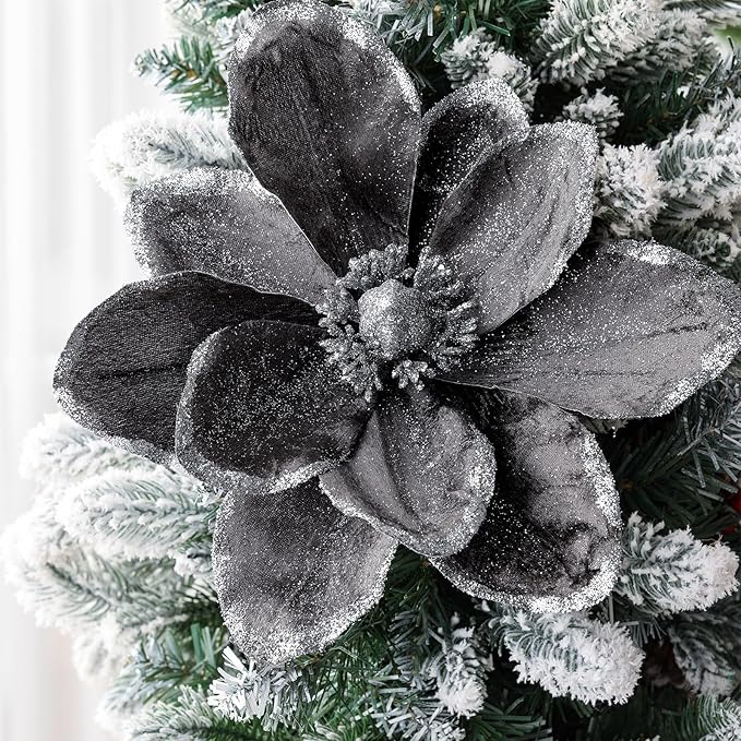 8 Pcs Large Christmas Flower Magnolia Flowers Christmas Tree Decoration Artificial Poinsettia Stems Velvet Xmas Ornaments for Xmas Tree Table Decor(Gery,12 Inch)