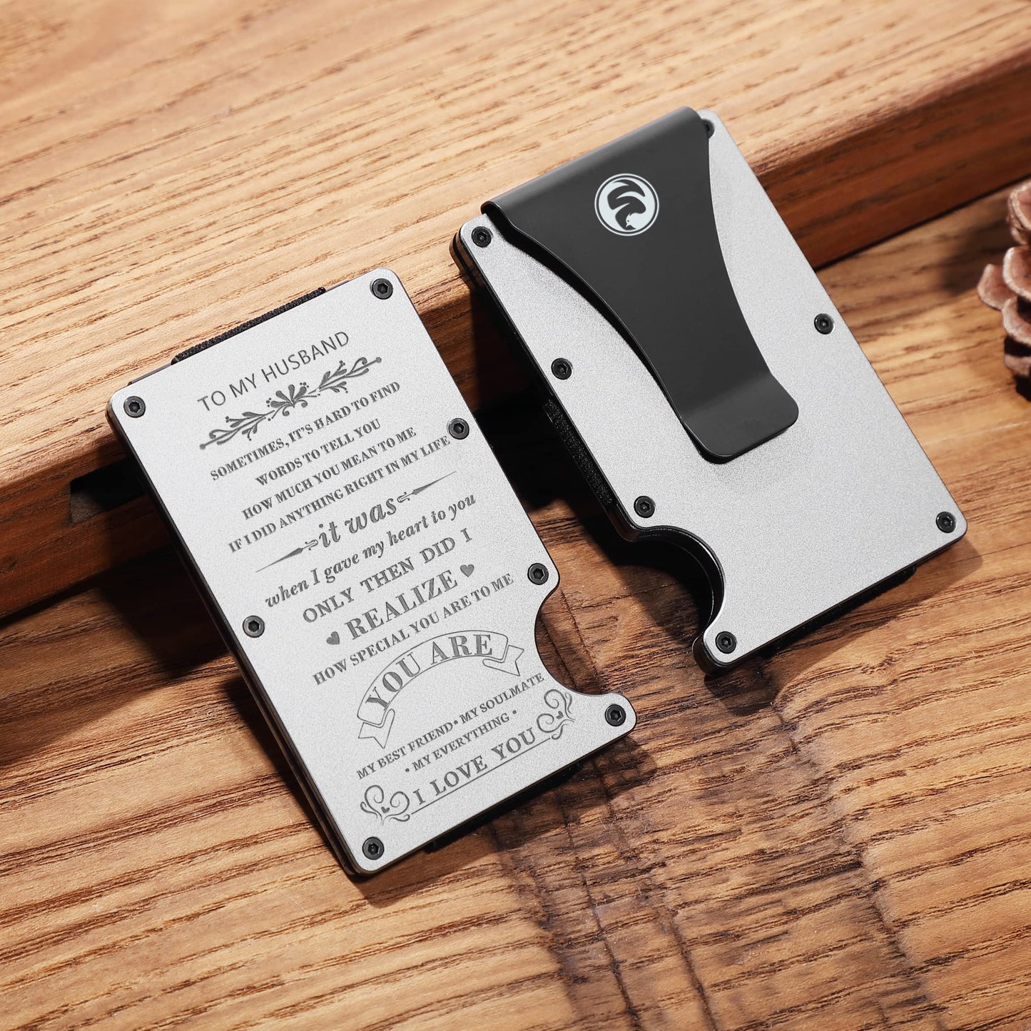To My Husband Gift,Personalized Engraved Metal Wallet from Wife,Men Minimalist Love Message Custom Slim Aluminum Card Holder with Money Clip, For husband from wife, Minimalist