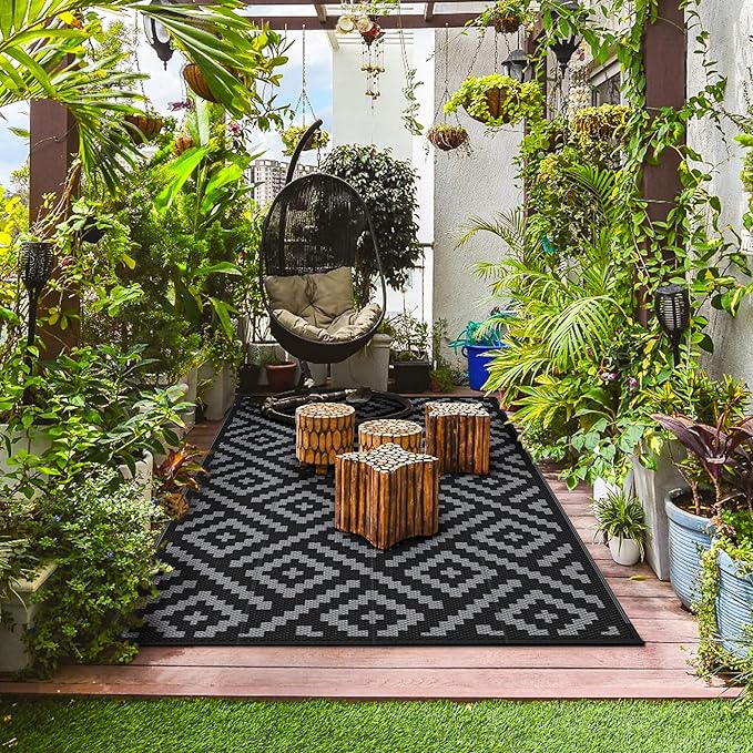 GENIMO Outdoor Rugs 8x10 Waterproof, Reversible Mats, Area Plastic Straw Rug, Outside Carpet, Geometric Rv Mat for Patio Camping Rv Picnic Backyard Deck Balcony Porch Beach Trailer (Black & Grey)
