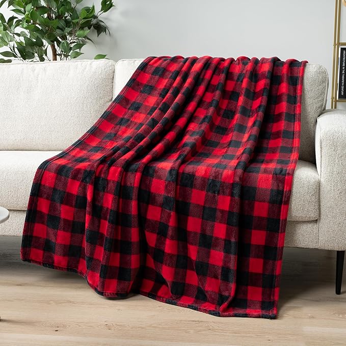 PAVILIA Black and Red Buffalo Plaid Fleece Bed Blanket Queen Size, Soft Checkered Flannel Blanket for Sofa, Plaid Christmas Couch Throw Bed, Warm Cozy Decorative Blanket Fall Decor Gift, 90x90